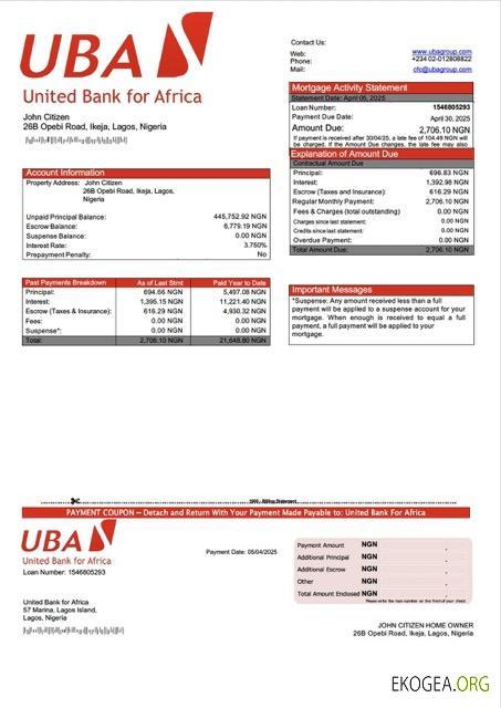 Modèle Word et PDF de relevé hypothécaire de la Nigeria United Bank for Africa